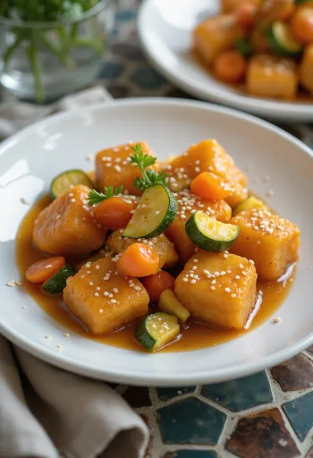 Tofu tangsuyuk, um prato de tofu agridoce decorado com vegetais e sementes de sésamo