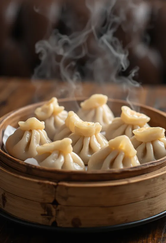 Dim sum de porco em cesto de bambu