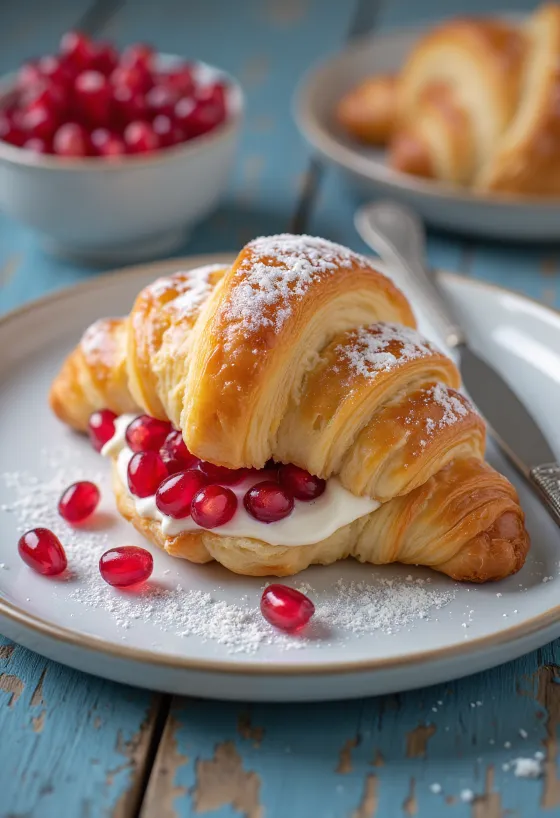 Croissant de romã servido em prato de sobremesa