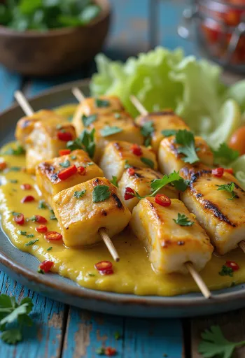 Satay de peixe, espetadas de peixe grelhadas, acompanhadas de vegetais frescos