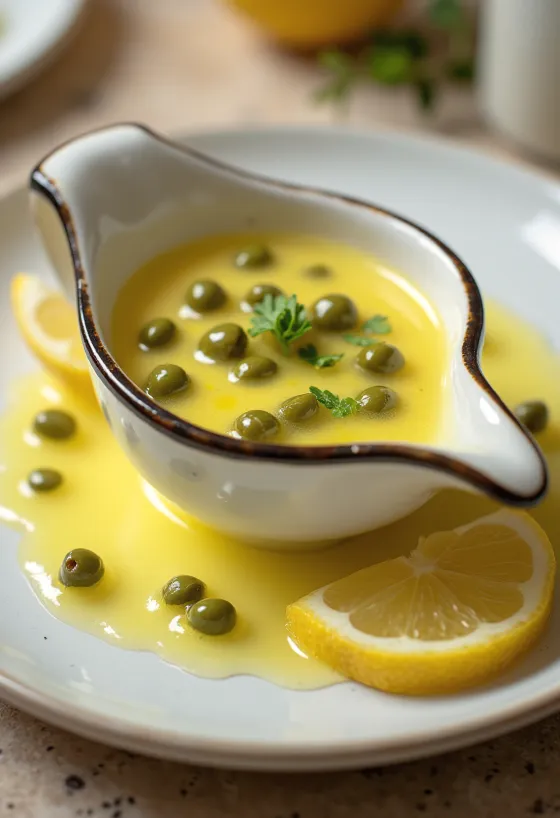 Molho de manteiga com alcaparras e limão pronto a servir