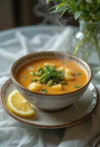 Sopa Palóc tradicional, ricamente preparada com feijão verde, batata e carne de borrego.