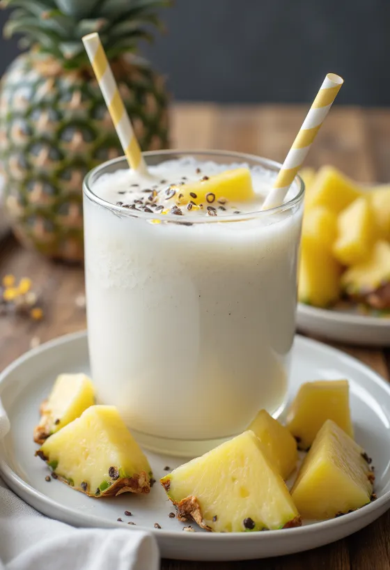Kefir probiótico de ananás em copos, servido com pedaços de ananás fresco