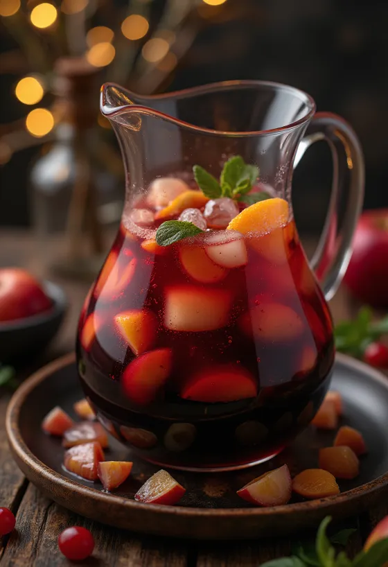 Sangria servida com frutas frescas e cubos de gelo
