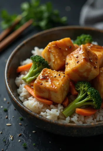 Tofu frito servido com legumes e arroz