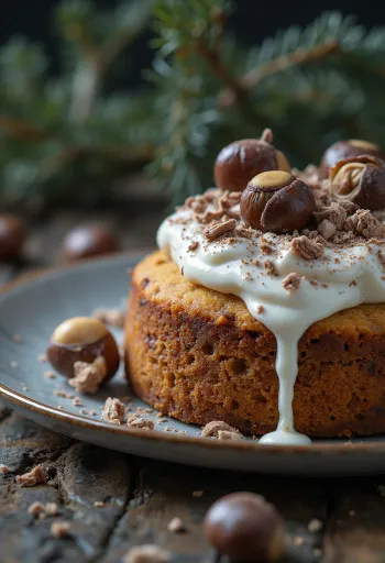 Bolo de inverno de castanha decorado com chocolate preto e nozes
