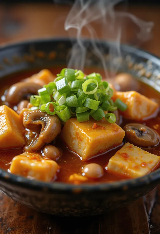 Sopa Yukgaejang de tofu picante servida com cogumelos enoki e legumes