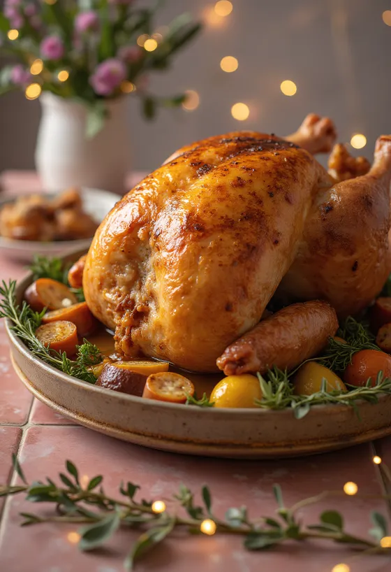 Peru recheado assado no forno, com pele crocante e recheio rico