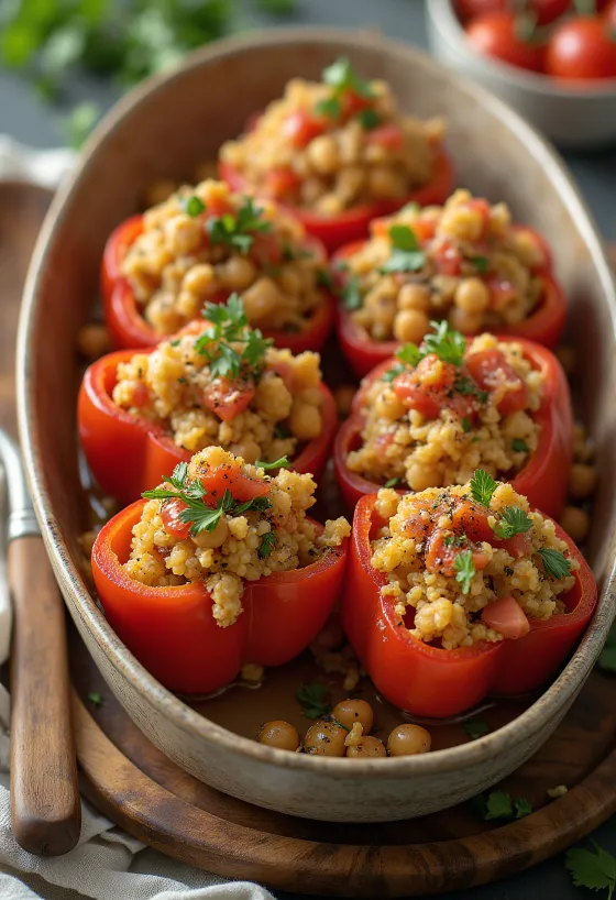 Pimentos recheados com quinoa vegan servidos