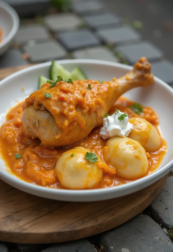 Paprikash de frango com pedaços de frango suculentos, servido em molho de pimento e natas azedas.
