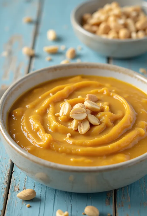 Molho de amendoim com caril servido numa tigela com coentros frescos.