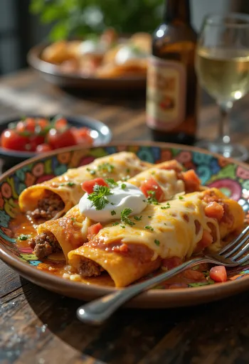 Enchilada com tomate, um prato de carne picada condimentada com queijo e coentros frescos