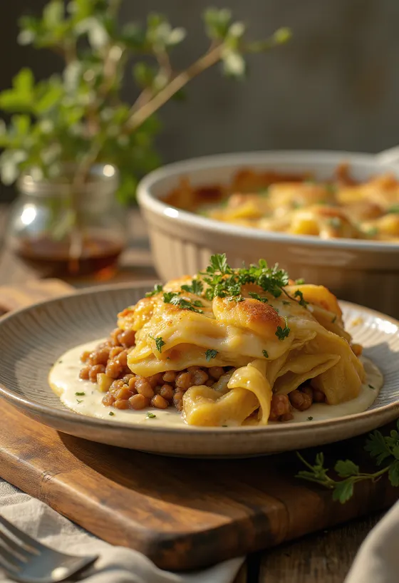 Gratinado de lentilhas e couve-lombarda servido