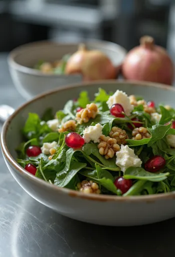 Salada de rúcula com romã, queijo feta e nozes