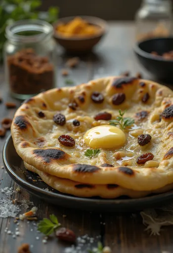 Pão naan de cardamomo e passas servido