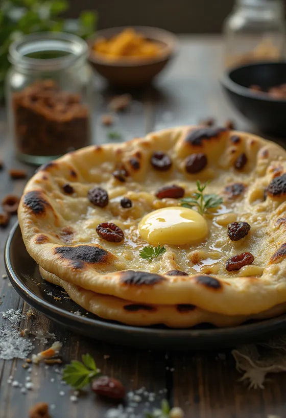 Pão naan de cardamomo e passas servido