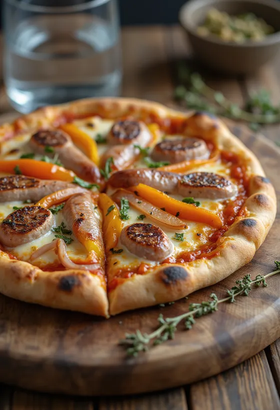 Pizza Viennese com salsicha austríaca, pimento e mozzarella