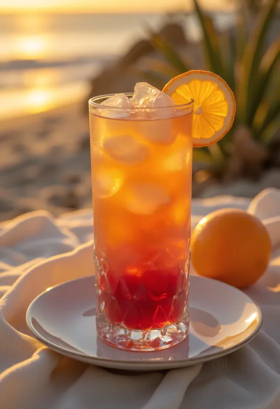 Cocktail Sex on the Beach decorado com uma fatia de laranja e cereja de cocktail