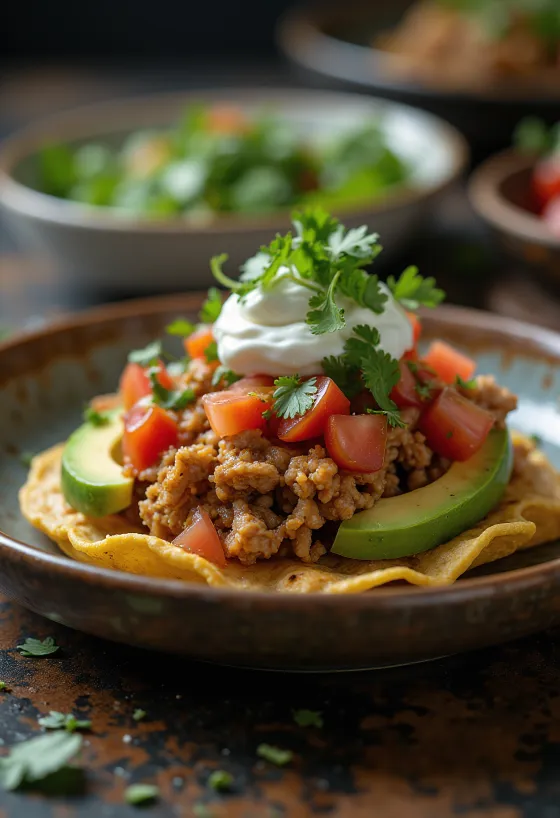 Tostada com carne de porco, servida com abacate fresco e iogurte