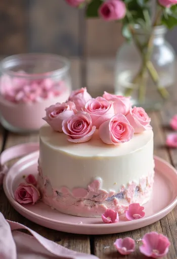 Bolo de rosas do Dia dos Namorados com cobertura de pasta de açúcar branca e pétalas de rosa