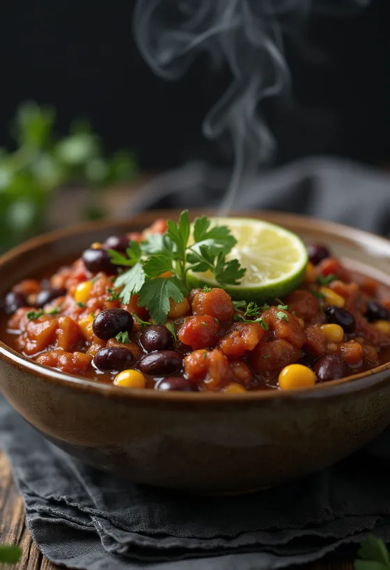 Chili de feijão vegan, num molho rico e condimentado, decorado com coentros frescos.