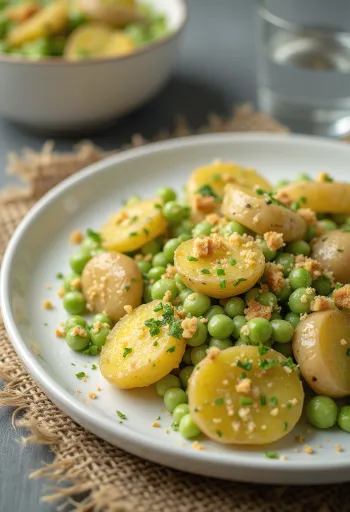 Batatas gratinadas com creme de ervilhas servidas