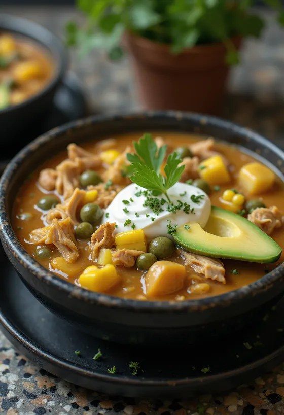 Ajiaco com natas azedas, sopa rica e cremosa servida com frango, batata verde e natas azedas