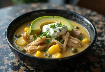 Ajiaco com natas azedas, sopa rica e cremosa servida com frango, batata verde e natas azedas
