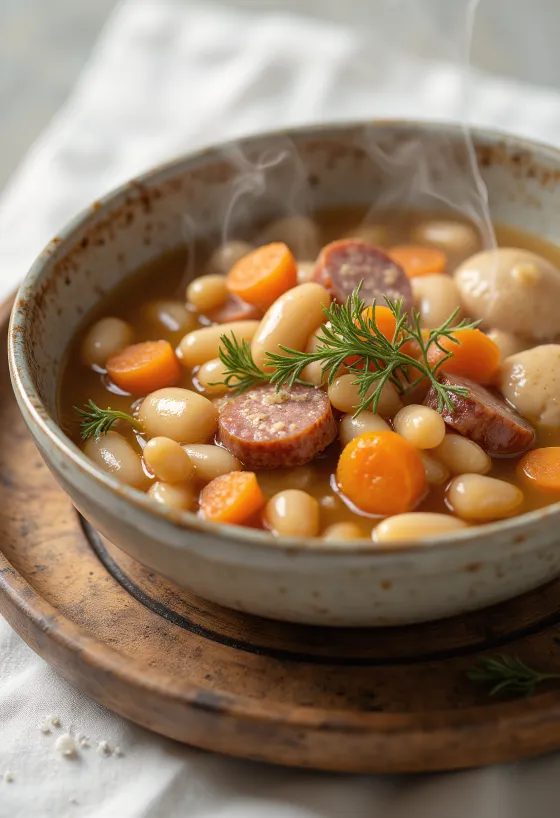 Sopa de feijão tradicional com "csipetke", servida com caldo de carne fumada