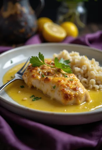 Frango com limão servido com rodelas de limão frescas e ervas aromáticas.