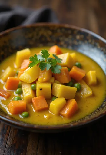 Molho de legumes com caril numa tigela, decorado com coentros frescos.