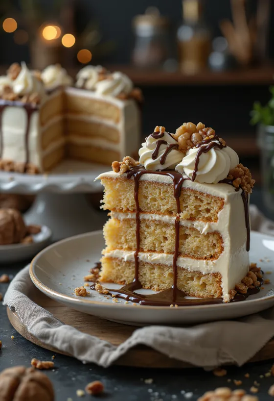 Bolo de castanha com creme de noz servido