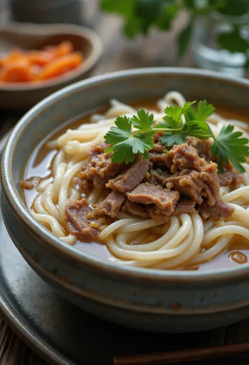 Tigela de sopa vietnamita com massa de arroz e fatias de carne de vaca