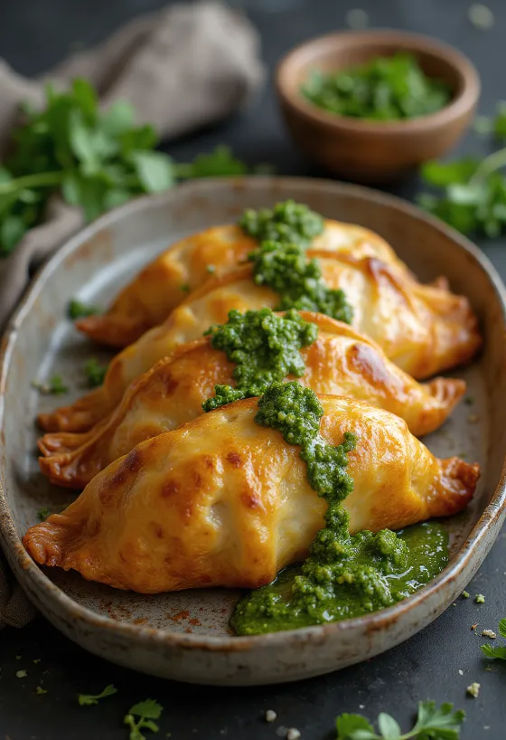 Empanada de carne com molho chimichurri, massa dourada e crocante com molho chimichurri fresco