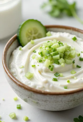 Molho de pepino com natas azedas e aneto em tigela