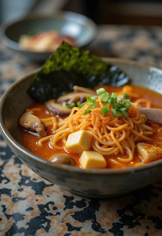 Ramen de Kimchi servido com tofu e couve fermentada