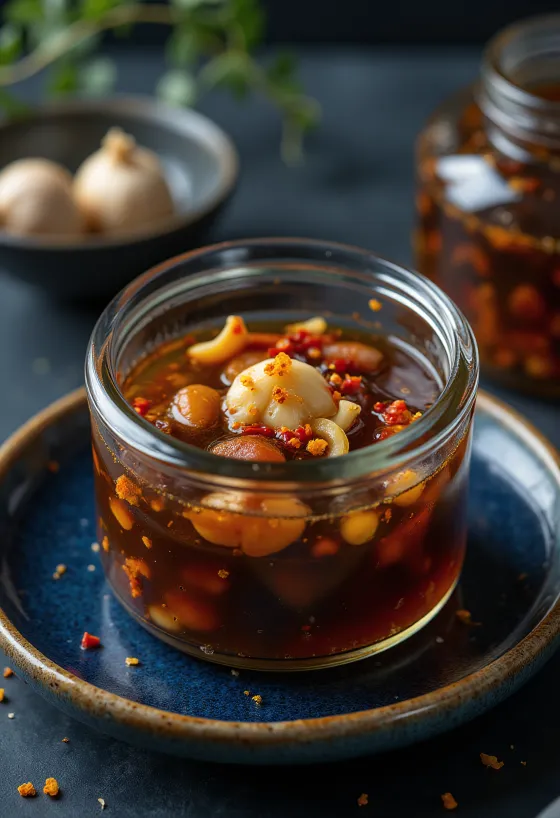 Molho de vinagre Jangajji servido com legumes em conserva