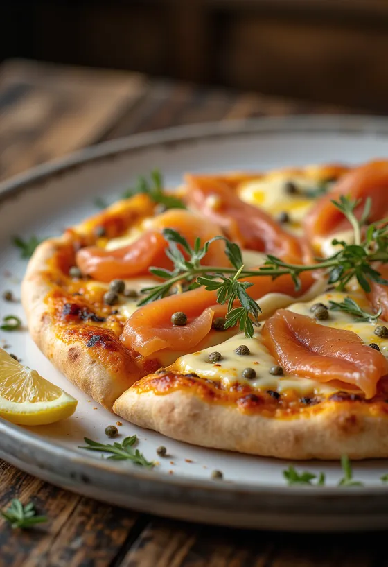 Pizza à la Norvégienne com salmão fumado, alcaparras e natas azedas