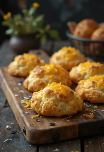 Pogácsa de queijo assada até ficar dourada, com camada de queijo crocante no topo