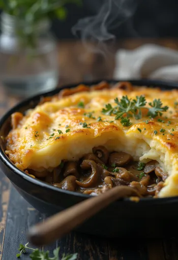 Shepherd’s pie com cogumelos e puré gratinado