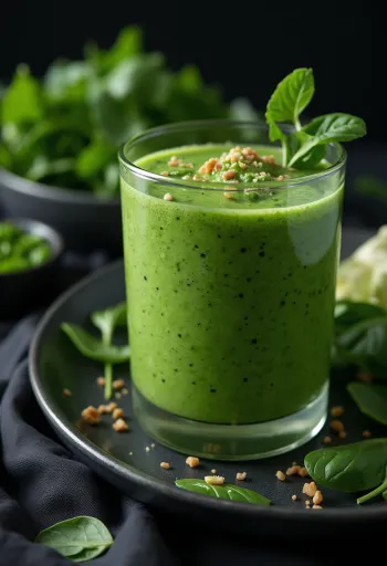 Smoothie de espinafres em copo alto, decorado com vegetais e frutas