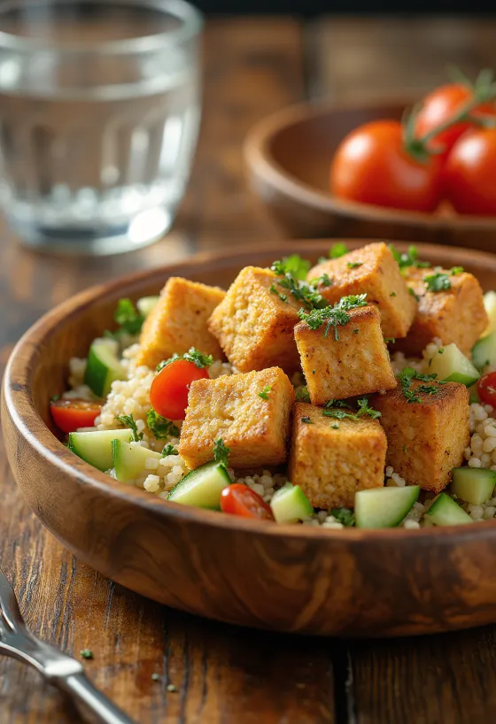 Tofu assado servido com salada de quinoa