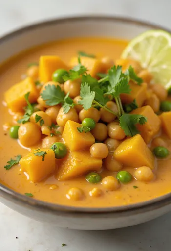 Caril vegan com leite de coco servido com legumes