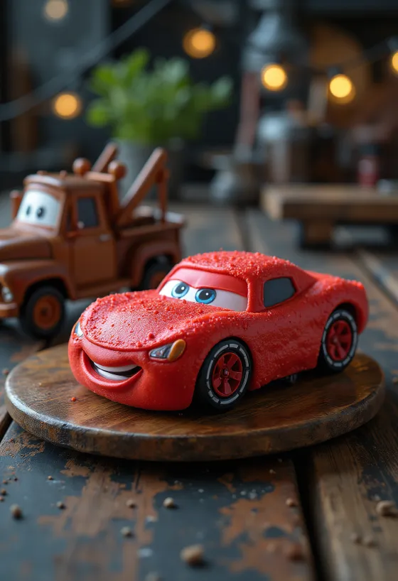 Bolo Carros com cobertura de pasta de açúcar vermelha e elementos decorativos de carros