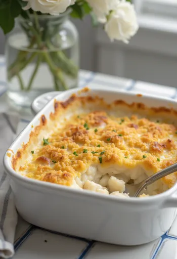 Bacalhau com natas gratinado na travessa, dourado e cremoso