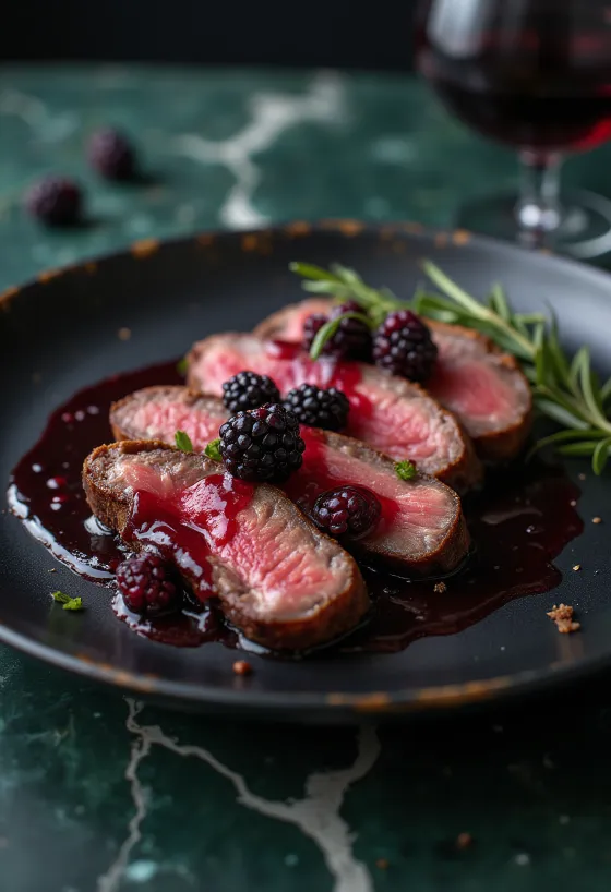 Bife de veado (wapiti) com redução de frutos vermelhos servido com legumes.