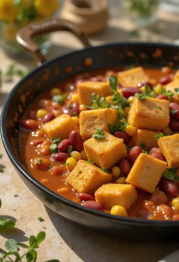 Tofu picante com feijão servido