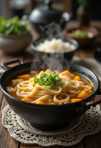 Udon Hōtō servido em tigela com massa udon larga em caldo rico de dashi com abóbora, decorado com cebolinho fresco e sementes de sésamo
