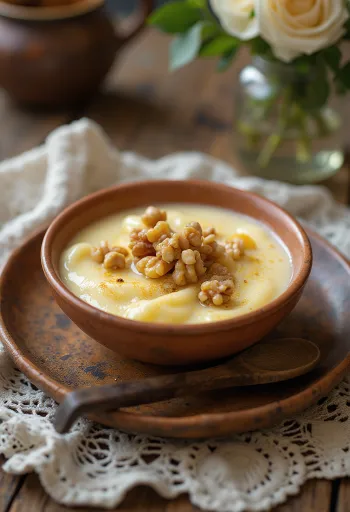 Kharvas com noz, sobremesa cremosa de leite, com nozes crocantes no topo