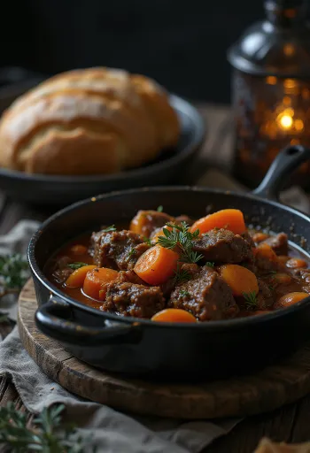 Pepperpot servido com carne de vaca, pão fresco e coentros